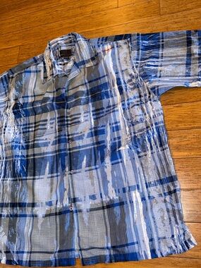 FUBU BLUE GEOMETRIC SHIRT BUTTON Casual Short Sleeve HAWAII White Plaid ART 2xl